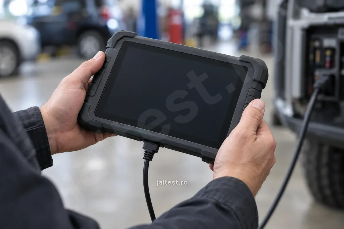 Mâini care țin o tabletă robustă de diagnoză, cu cablul spre o priză, fundal neclar de atelier