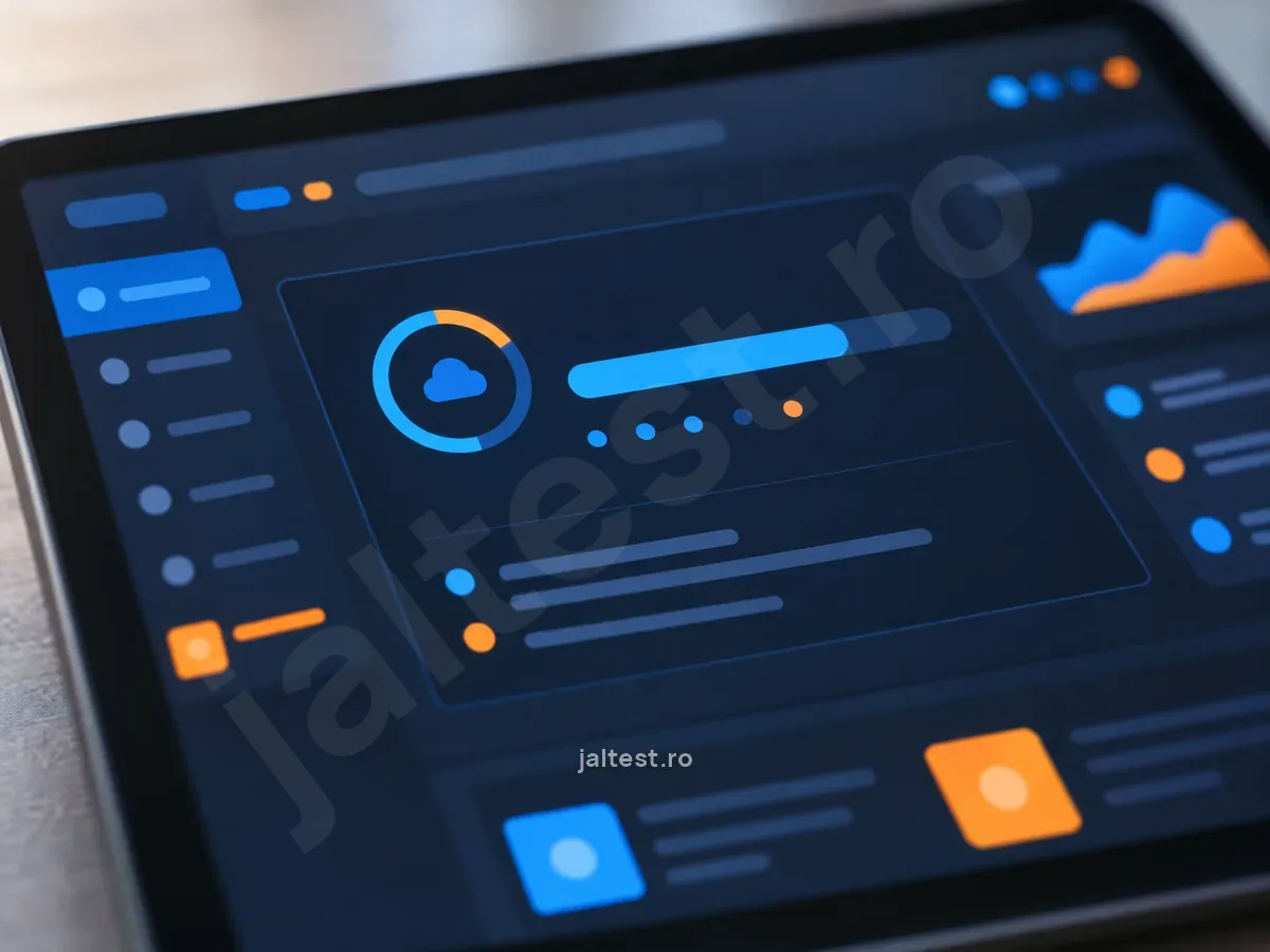 Ecran de tabletă cu un indicator de progres stilizat, în tonuri de albastru și portocaliu.