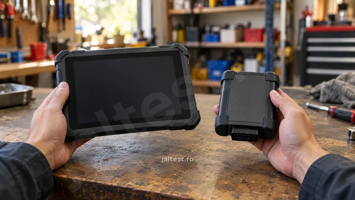 Două mâini compară o tabletă robustă și o interfață compactă de diagnoză, pe o masă de atelier.
