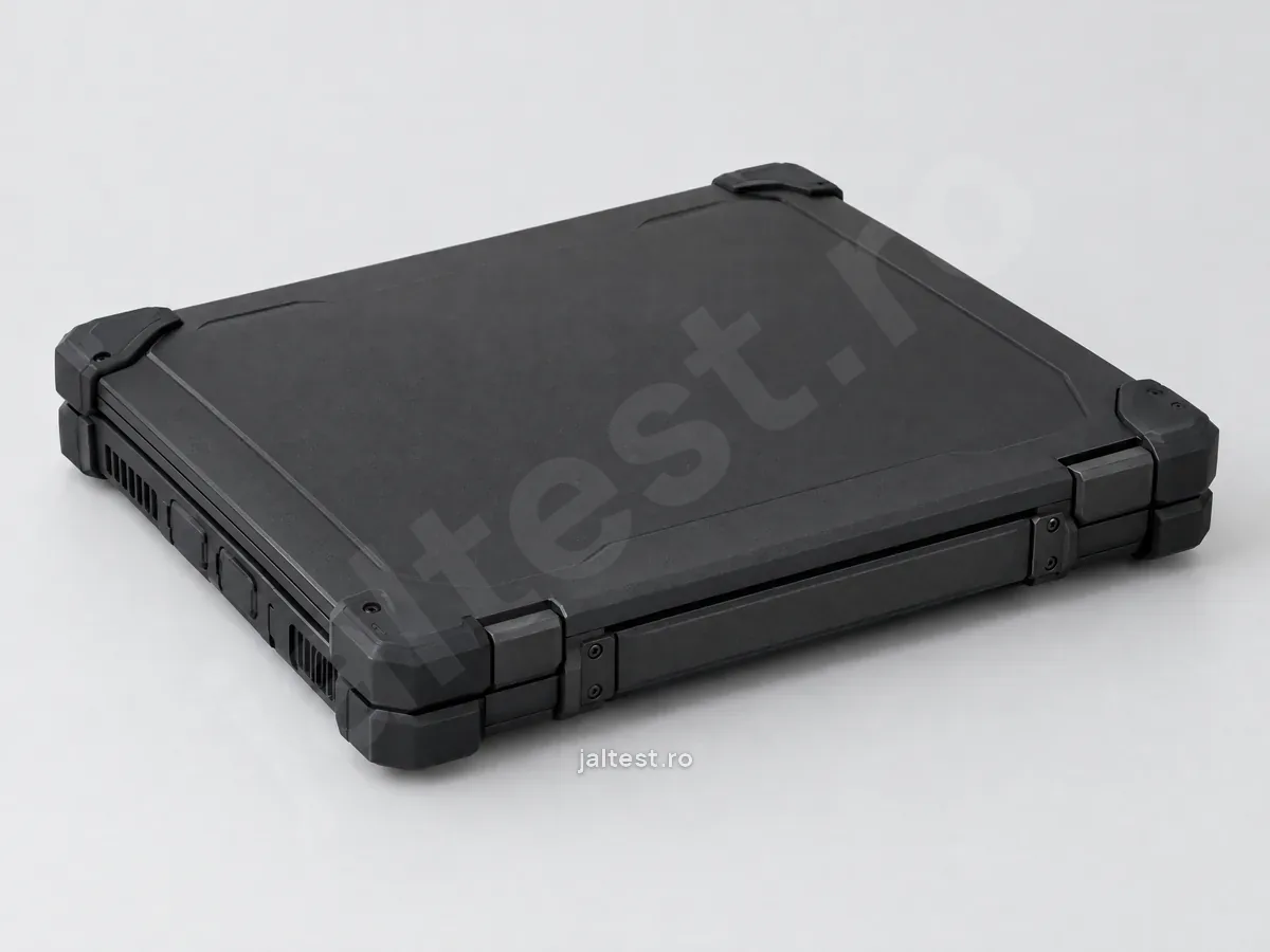 Laptop industrial negru, cu capac gros și colțuri întărite, închis, pe fundal gri deschis.