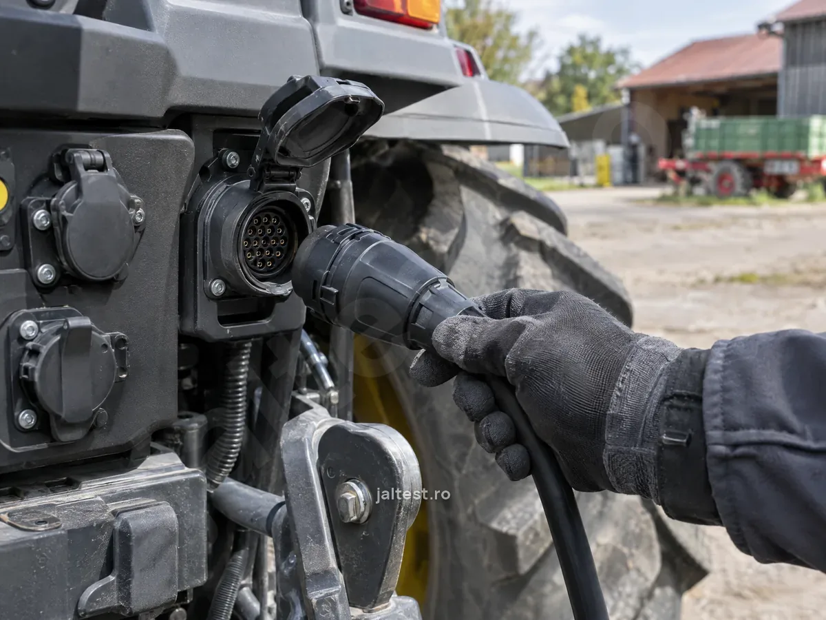 Cablul de diagnoză conectat la priza ISOBUS din spatele unui tractor, într-o curte de fermă.