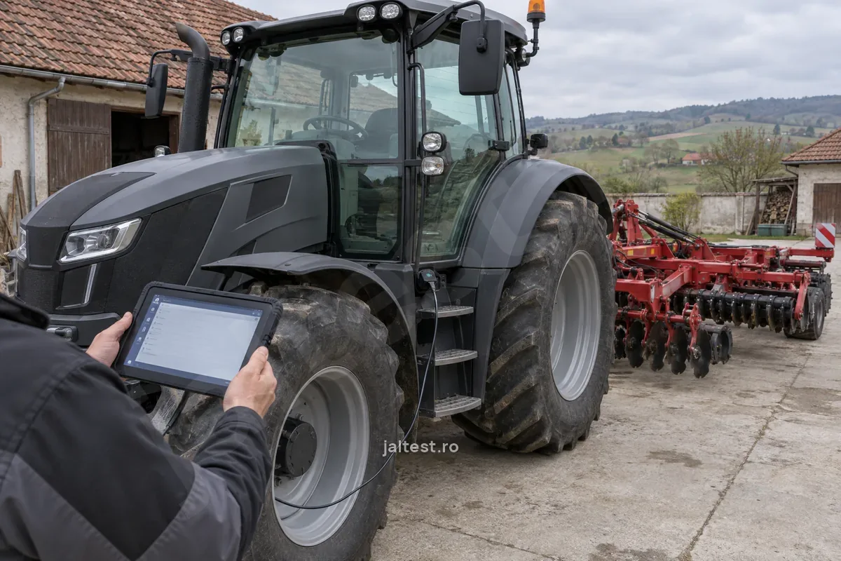Tehnician cu o tabletă robustă lângă treapta unui tractor, cablul conectat la priza de diagnoză.