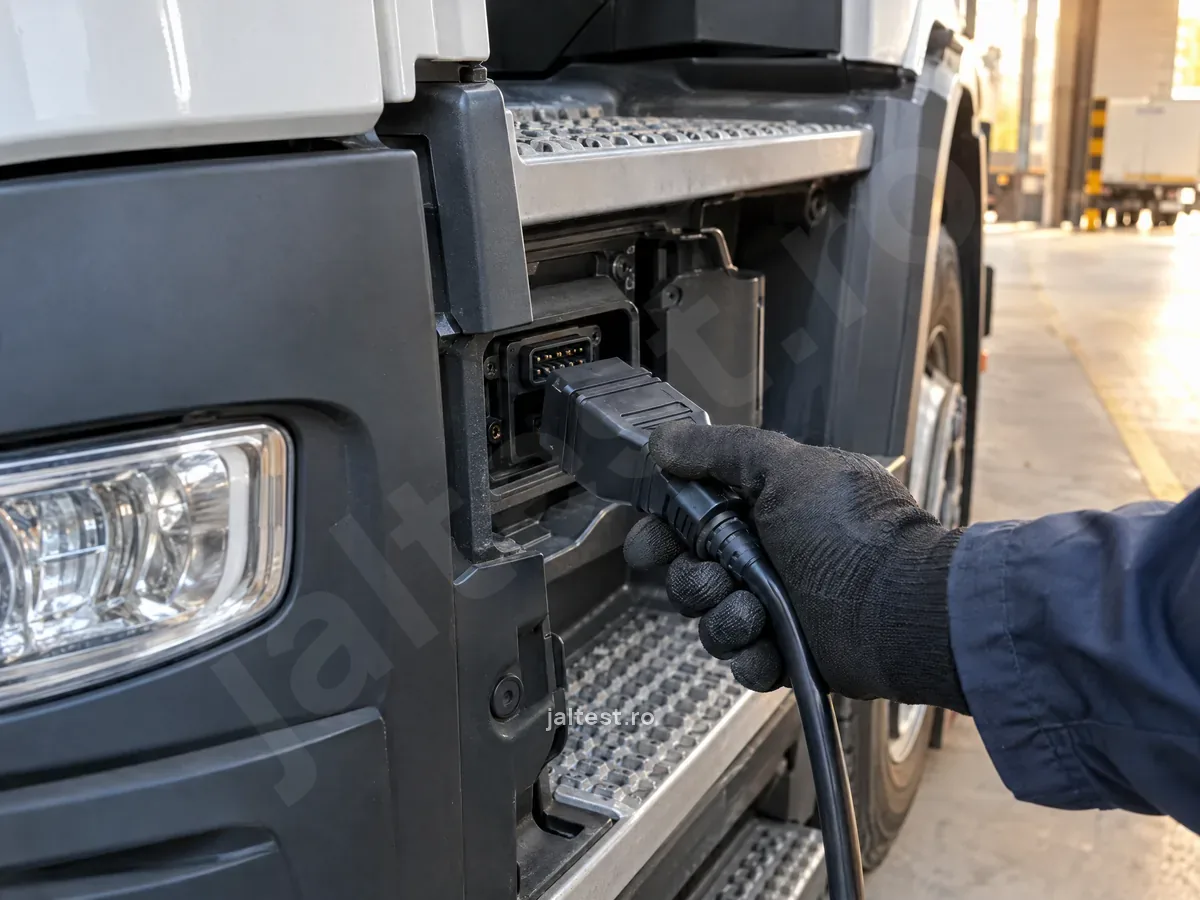 Cablul de diagnoză conectat la priza de sub cabină a unui cap tractor european, mâna tehnicianului pe conector.