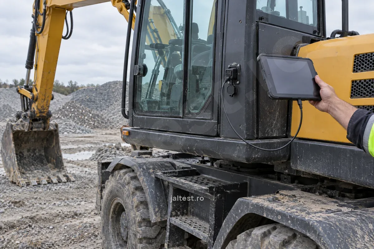 Tehnician cu o tabletă de diagnoză lângă cabina unui excavator, pe un șantier cu pietriș.